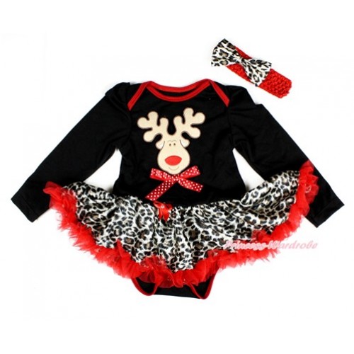 Xmas Black Long Sleeve Baby Bodysuit Jumpsuit Leopard Red Pettiskirt With Christmas Reindeer Print & Minnie Dots Bow & Red Headband Leopard Satin Bow JS2423 