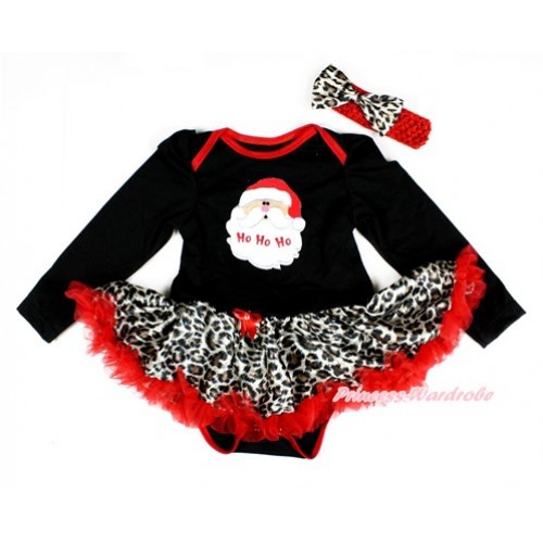 Xmas Black Long Sleeve Baby Bodysuit Jumpsuit Leopard Red Pettiskirt With Santa Claus Print & Red Headband Leopard Satin Bow JS2425 