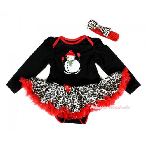 Xmas Black Long Sleeve Baby Bodysuit Jumpsuit Leopard Red Pettiskirt With Ice-Skating Snowman Print & Red Headband Leopard Satin Bow JS2426 