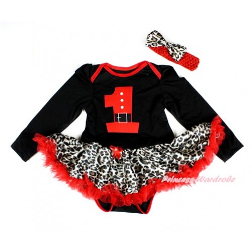 Xmas Black Long Sleeve Baby Bodysuit Jumpsuit Leopard Red Pettiskirt With 1st Santa Claus Birthday Number Print & Red Headband Leopard Satin Bow JS2427 