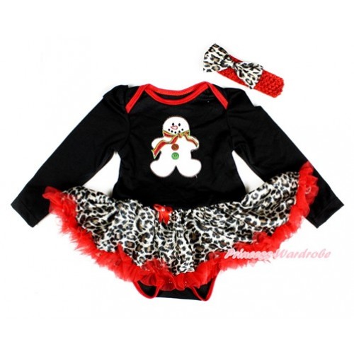 Xmas Black Long Sleeve Baby Bodysuit Jumpsuit Leopard Red Pettiskirt With Christmas Gingerbread Snowman Print & Red Headband Leopard Satin Bow JS2428 