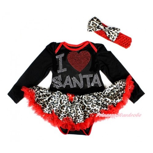Xmas Black Long Sleeve Baby Bodysuit Jumpsuit Leopard Red Pettiskirt With Sparkle Crystal Bling I Love Santa Print & Red Headband Leopard Satin Bow JS2433 