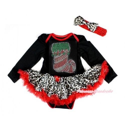 Xmas Black Long Sleeve Baby Bodysuit Jumpsuit Leopard Red Pettiskirt With Sparkle Crystal Bling Christmas Stocking Print & Red Headband Leopard Satin Bow JS2434 