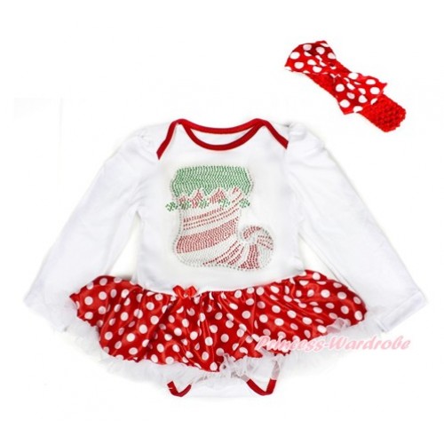 Xmas White Long Sleeve Baby Bodysuit Jumpsuit Minnie Dots White Pettiskirt With Sparkle Crystal Bling Christmas Stocking Print & Red Headband Minnie Dots Satin Bow JS2439 