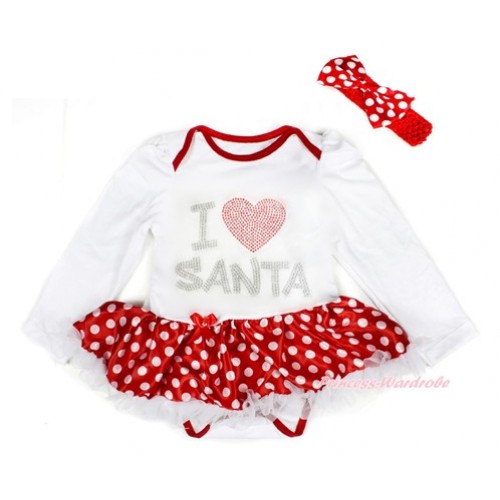 Xmas White Long Sleeve Baby Bodysuit Jumpsuit Minnie Dots White Pettiskirt With Sparkle Crystal Bling I Love Santa Print & Red Headband Minnie Dots Satin Bow JS2440 