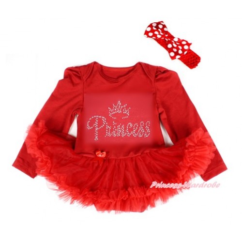 Red Long Sleeve Baby Bodysuit Jumpsuit Red Pettiskirt With Sparkle Crystal Bling Princess Print & Red Headband Minnie Dots Satin Bow JS2442 