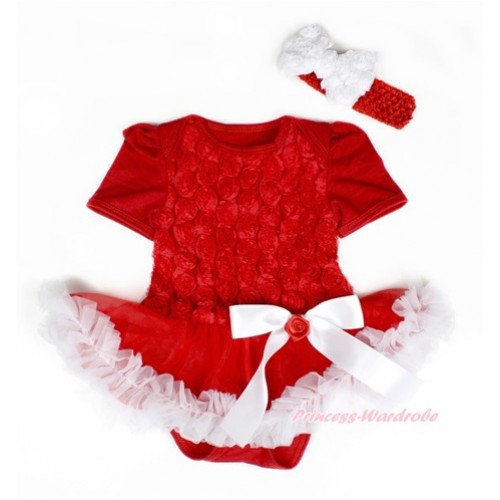 Valentine's Day Red Romantic Rose Baby Bodysuit Jumpsuit Red White Pettiskirt & White Bow With Red Headband White Rose Bow JS2446 