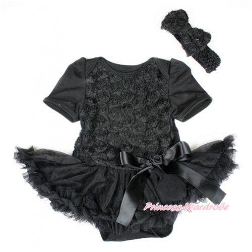 Valentine's Day Black Romantic Rose Baby Bodysuit Jumpsuit Black Pettiskirt & Black Bow With Black Headband Black Roes Bow JS2449 
