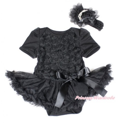 Valentine's Day Black Romantic Rose Baby Bodysuit Jumpsuit Black Pettiskirt & Black Bow With Black Headband Black Chiffon Roes JS2450 