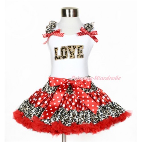 White Tank Top with Leopard LOVE Print with Leopard Ruffles & Minnie Dots Bows With Leopard Minnie Dots Red Pettiskirt MG834 