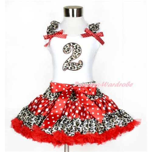 White Tank Top with 2nd Leopard Birthday Number Print with Leopard Ruffles & Minnie Dots Bows With Leopard Minnie Dots Red Pettiskirt MG836 