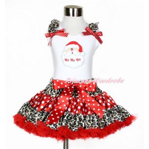Xmas White Tank Top with Santa Claus Print with Leopard Ruffles & Minnie Dots Bows With Leopard Minnie Dots Red Pettiskirt MG842 