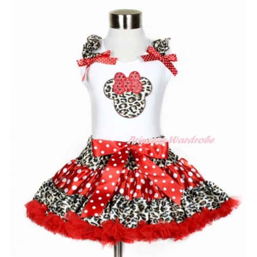 White Tank Top with Leopard Minnie Print with Leopard Ruffles & Minnie Dots Bows With Leopard Minnie Dots Red Pettiskirt MG843 