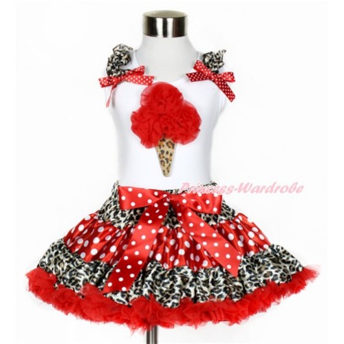 White Tank Top with Red Rosettes Leopard Ice Cream Print with Leopard Ruffles & Minnie Dots Bows With Leopard Minnie Dots Red Pettiskirt MG845 