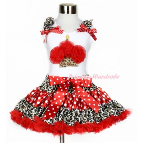 White Tank Top with Red Rosettes Leopard Birthday Cake Print with Leopard Ruffles & Minnie Dots Bows With Leopard Minnie Dots Red Pettiskirt MG846 