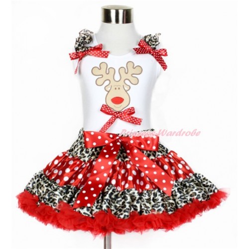 Xmas White Tank Top with Christmas Reindeer Print & Minnie Dots Bow with Leopard Ruffles & Minnie Dots Bows With Leopard Minnie Dots Red Pettiskirt MG847 