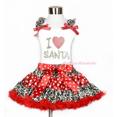 White Tank Top with Rhinestone Sparkle Crystal Bling I Love Santa Print with Leopard Ruffles & Minnie Dots Bows With Leopard Minnie Dots Red Pettiskirt MG848 