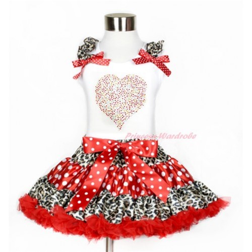 White Tank Top with Rhinestone Sparkle Crystal Bling Rainbow Heart Print with Leopard Ruffles & Minnie Dots Bows With Leopard Minnie Dots Red Pettiskirt MG850 