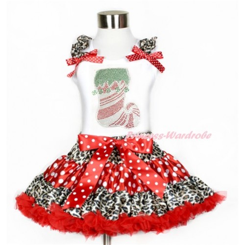 Xmas White Tank Top with Rhinestone Sparkle Crystal Bling Christmas Stocking Print with Leopard Ruffles & Minnie Dots Bows With Leopard Minnie Dots Red Pettiskirt MG852 