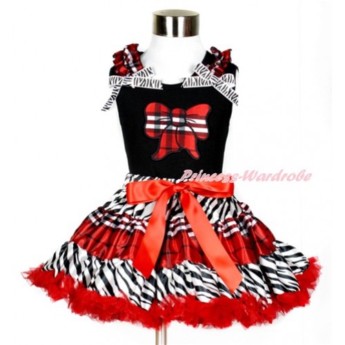 Black Tank Top with Red Black Checked Butterfly Print with Red Black Checked Ruffles & Zebra Bows With Zebra Red Black Checked Pettiskirt MG859 