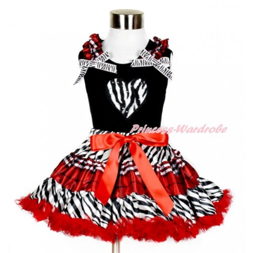 Black Tank Top with Zebra Heart Print with Red Black Checked Ruffles & Zebra Bows With Zebra Red Black Checked Pettiskirt MG861 