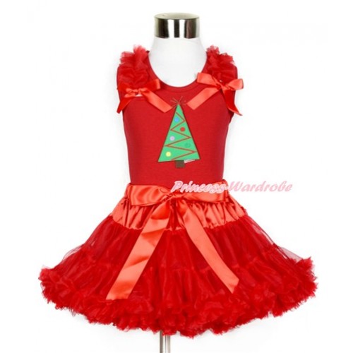 Xmas Red Tank Top with Christmas Tree Print with Red Ruffles & Red Bows With Red Pettiskirt CM167 