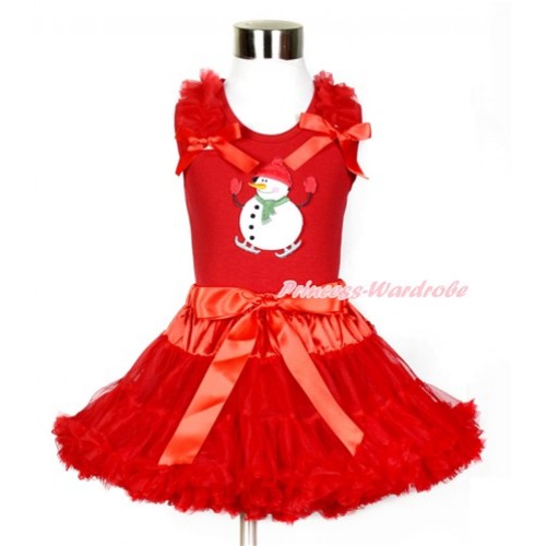 Xmas Red Tank Top with Ice-Skating Snowman Print with Red Ruffles & Red Bows With Red Pettiskirt CM171 