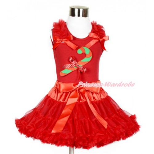 Xmas Red Tank Top with Christmas Stick Print & MInnie Dots Bow with Red Ruffles & Red Bows With Red Pettiskirt CM173 