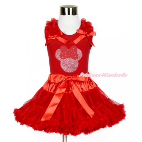 Red Tank Top with Rhinestone Sparkle Crystal Bling Red Minnie Print with Red Ruffles & Red Bows With Red Pettiskirt CM176 