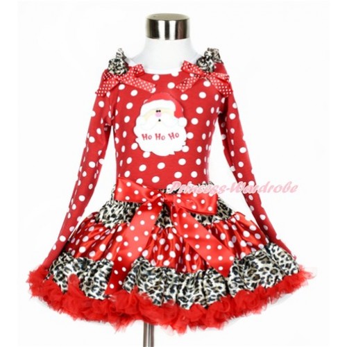 Xmas Leopard Minnie Dots Red Pettiskirt with Santa Claus Print Minnie Dots Long Sleeve Top with Leopard Ruffles and Minnie Dots Bow MW369 