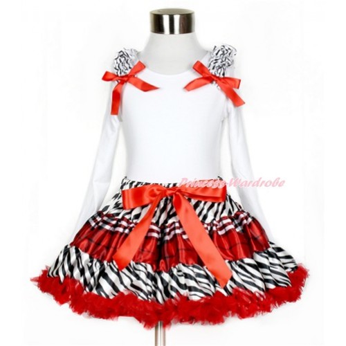 Zebra Red Black Check Pettiskirt with Matching White Long Sleeve Top with Zebra Ruffles & Red Bow MW381 