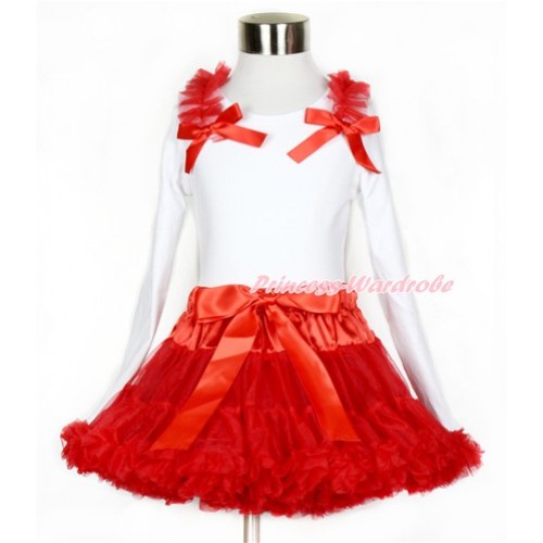 Red Pettiskirt with Matching White Long Sleeve Top with Red Ruffles & Red Bow MW382 