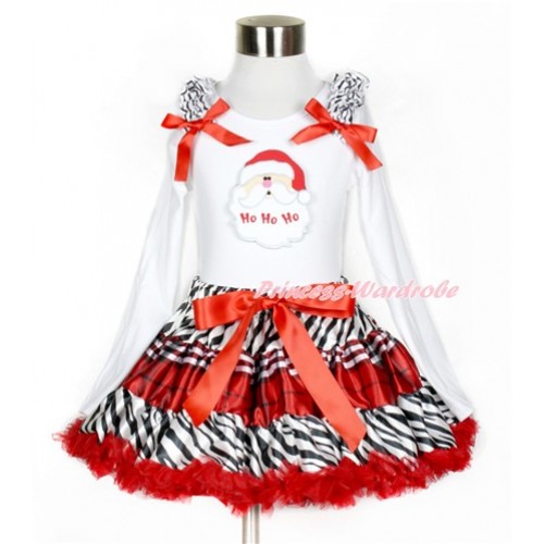 Xmas Zebra Red Black Check Pettiskirt with Santa Claus Print White Long Sleeve Top with Zebra Ruffles and Red Bow MW384 