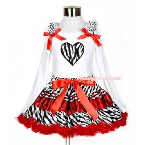 Zebra Red Black Check Pettiskirt with Zebra Heart Print White Long Sleeve Top with Zebra Ruffles and Red Bow MW386 