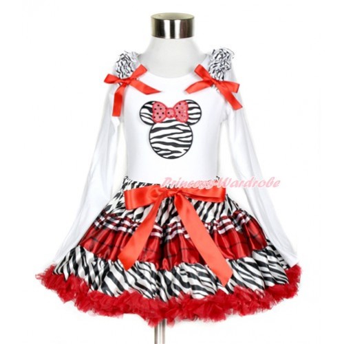 Red Black Check Pettiskirt with Zebra Minnie Print White Long Sleeve Top with Zebra Ruffles and Red Bow MW389 