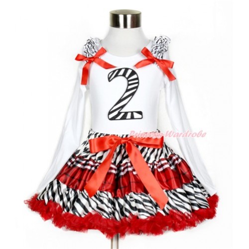 Red Black Check Pettiskirt with 2nd Zebra Birthday Number Print White Long Sleeve Top with Zebra Ruffles and Red Bow MW391 