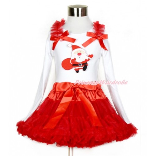Xmas Red Pettiskirt with Gift Bag Santa Claus Print White Long Sleeve Top with Red Ruffles & Red Bow MW393 