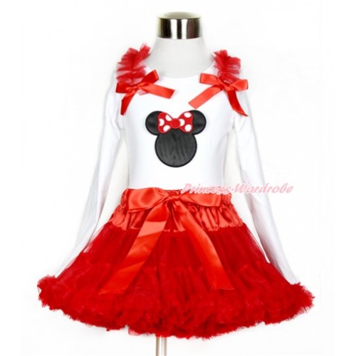 Red Pettiskirt with Minnie Print White Long Sleeve Top with Red Ruffles & Red Bow MW394 