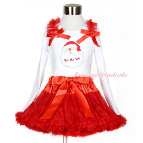Xmas Red Pettiskirt with Santa Claus Print White Long Sleeve Top with Red Ruffles & Red Bow MW396 
