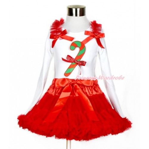 Xmas Red Pettiskirt with Christmas Stick Print & Minnie Dots Bow White Long Sleeve Top with Red Ruffles & Red Bow MW397 