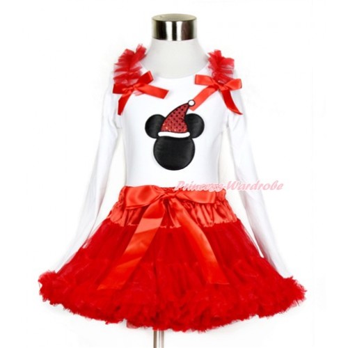 Xmas Red Pettiskirt with Christmas Minnie Print White Long Sleeve Top with Red Ruffles & Red Bow MW398 