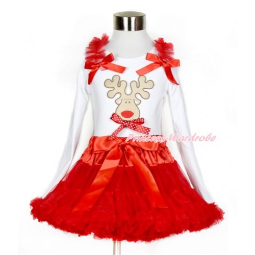 Xmas Red Pettiskirt with Christmas Reindeer Print & Minnie Dots Bow White Long Sleeve Top with Red Ruffles & Red Bow MW399 