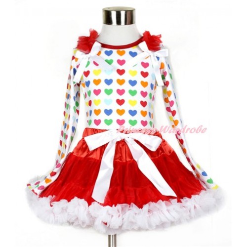 Red White Pettiskirt with Matching Rainbow Heart Long Sleeve Top with Red Ruffles & White Bow MW407 