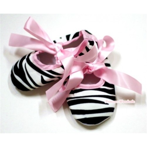 Zebra Crib Shoes with Light Pink Ribbon S483 
