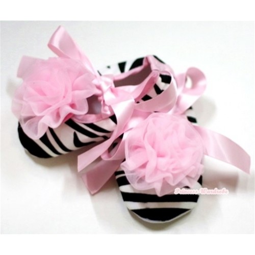 Zebra Crib Shoes with Light Pink Ribbon with Light Pink Rose S485 