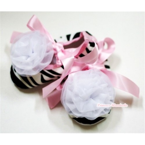 Zebra Crib Shoes with Light Pink Ribbon with White Rose S486 