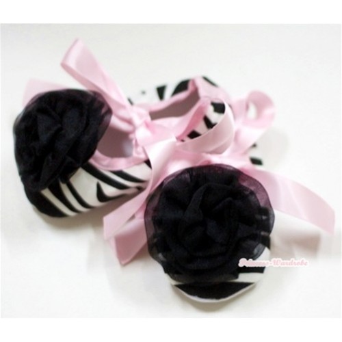 Zebra Crib Shoes with Light Pink Ribbon with Black Rose S487 