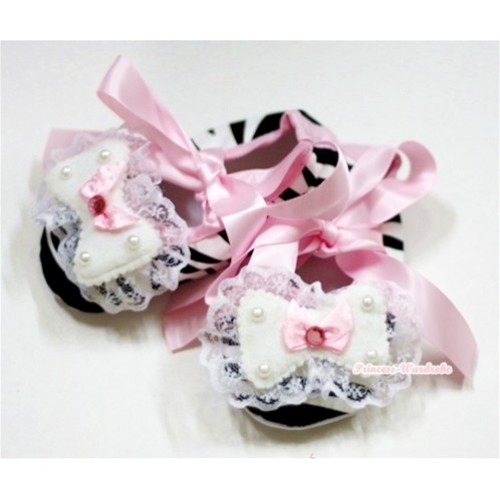 Zebra Crib Shoes with Light Pink Ribbon with Lace Bow S489 