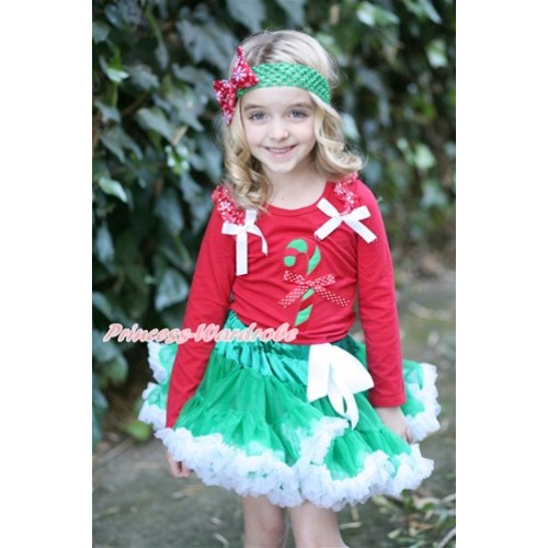Xmas Kelly Green  White Pettiskirt with Christmas Stick Print & Minnie Dots Bow Red Long Sleeves Top with Red Snowflakes Ruffles and White Bow MB28 