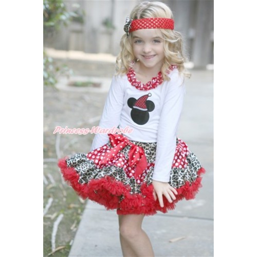Xmas Leopard Minnie Dots Red Pettiskirt with Christmas Minnie Print White Long Sleeve Top with Minnie Dots Lacing MW413 